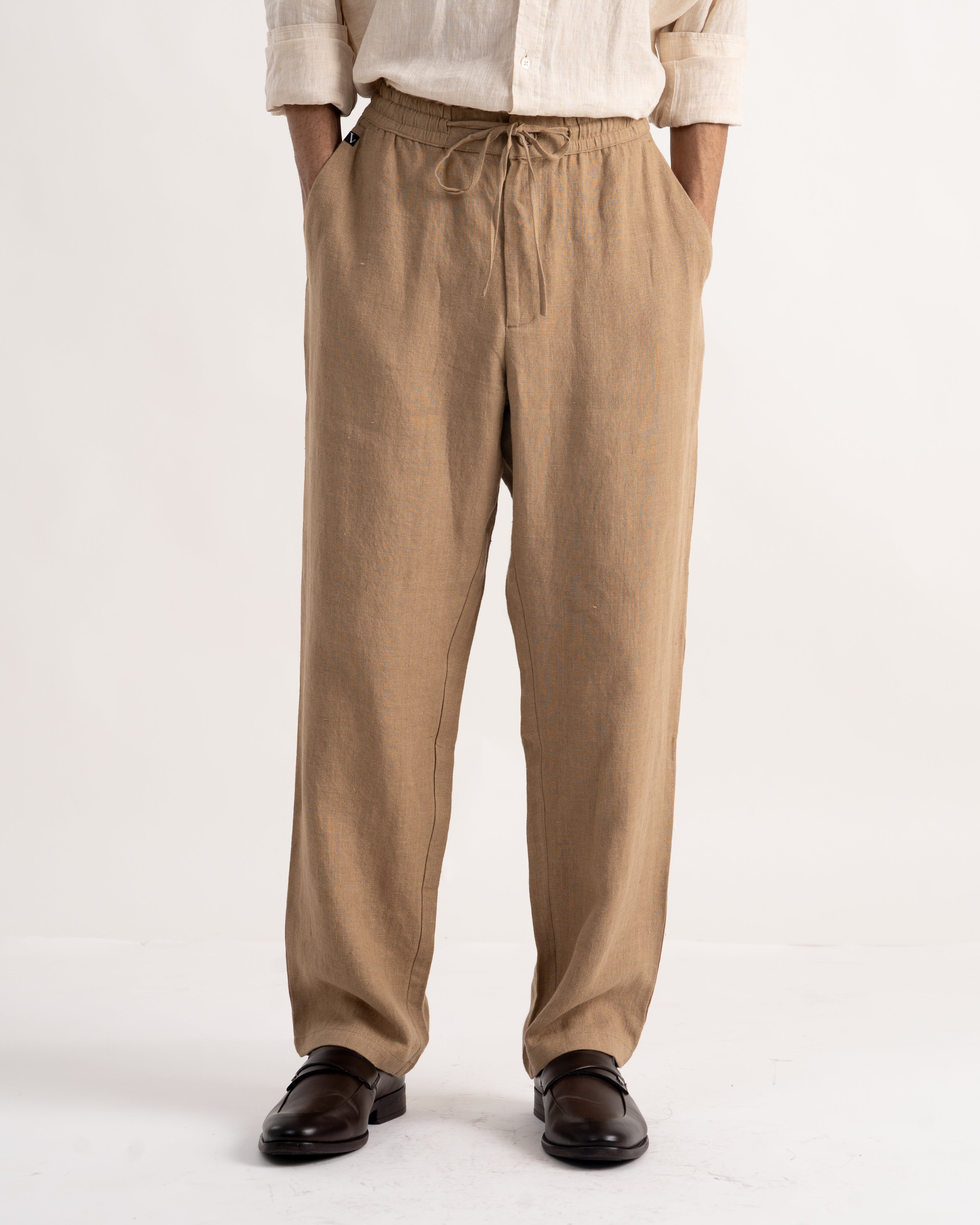 100% LINEN Trousers -  Brown
